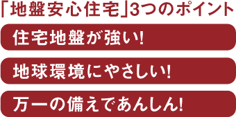 地盤安心住宅3つのポイント　1地盤が強い　2地球環境にやさしい　3万一の備えで安心