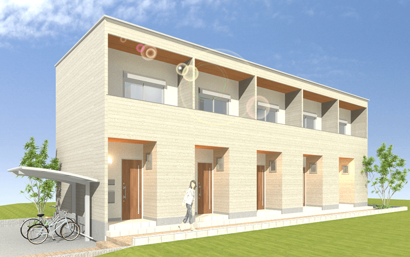 アパート建築商品:一人暮らし向けロフト付きメゾネットタイプ賃貸アパートでアパート経営「アプトココノ」外観
