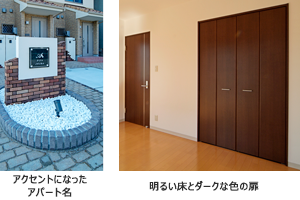 アクセントになったアパート名/明るい床とダーク色の扉